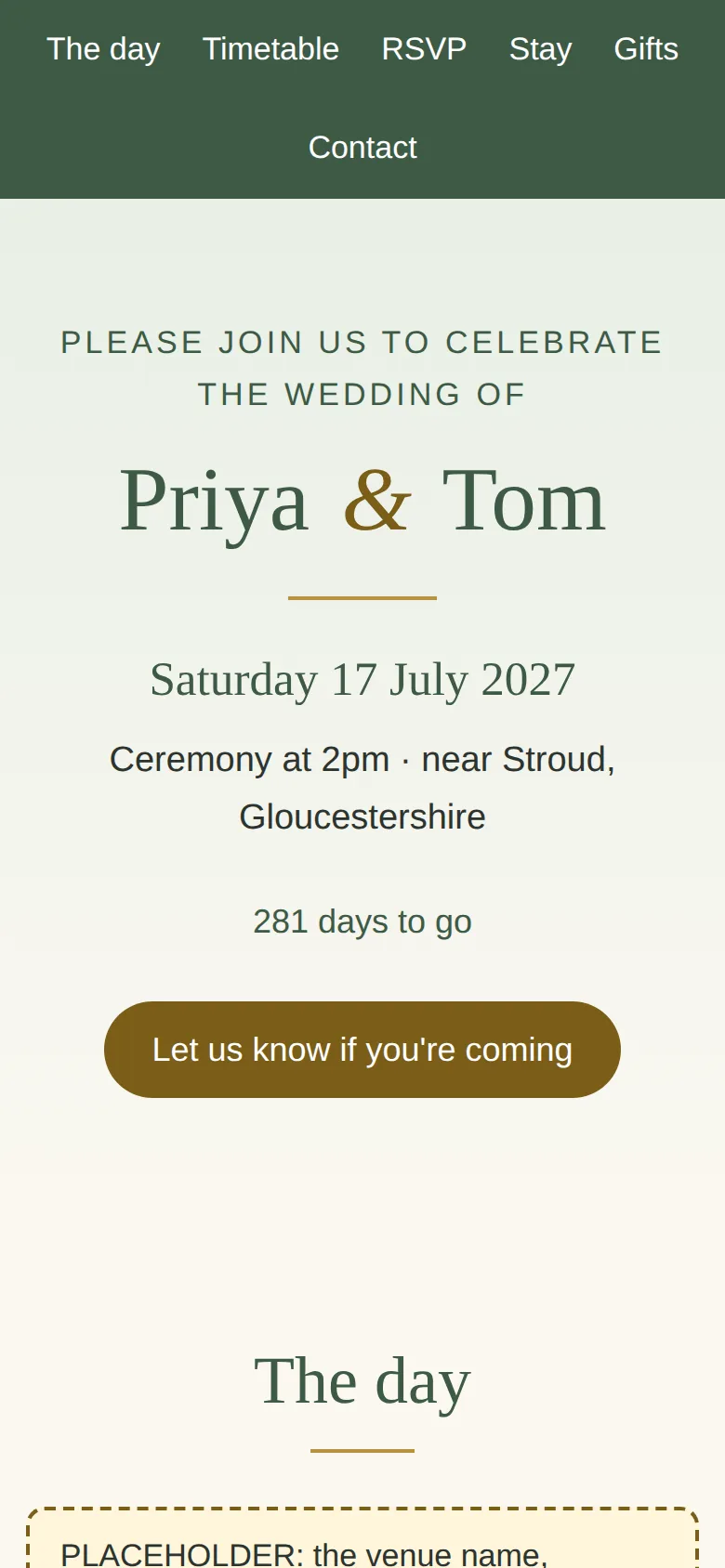 Phone: the same top of the page, with the names, the date, the days to go and the button stacked in one column.