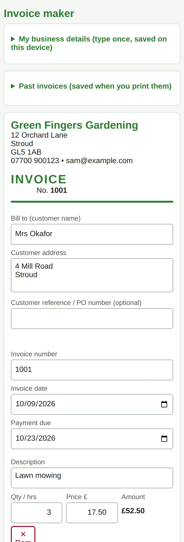 Phone: the invoice as one column: the business name and address, Bill to, the customer address and reference, the invoice number and dates, and the start of the first line.