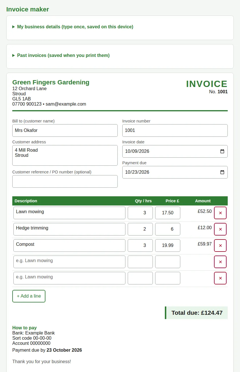 Laptop: a green 'Green Fingers Gardening' invoice with three lines filled in: Lawn mowing 3 at 17.50 = £52.50, Hedge trimming 2 at 6 = £12.00 and Compost 3 at 19.99 = £59.97, then two empty lines and an 'Add a line' button.
