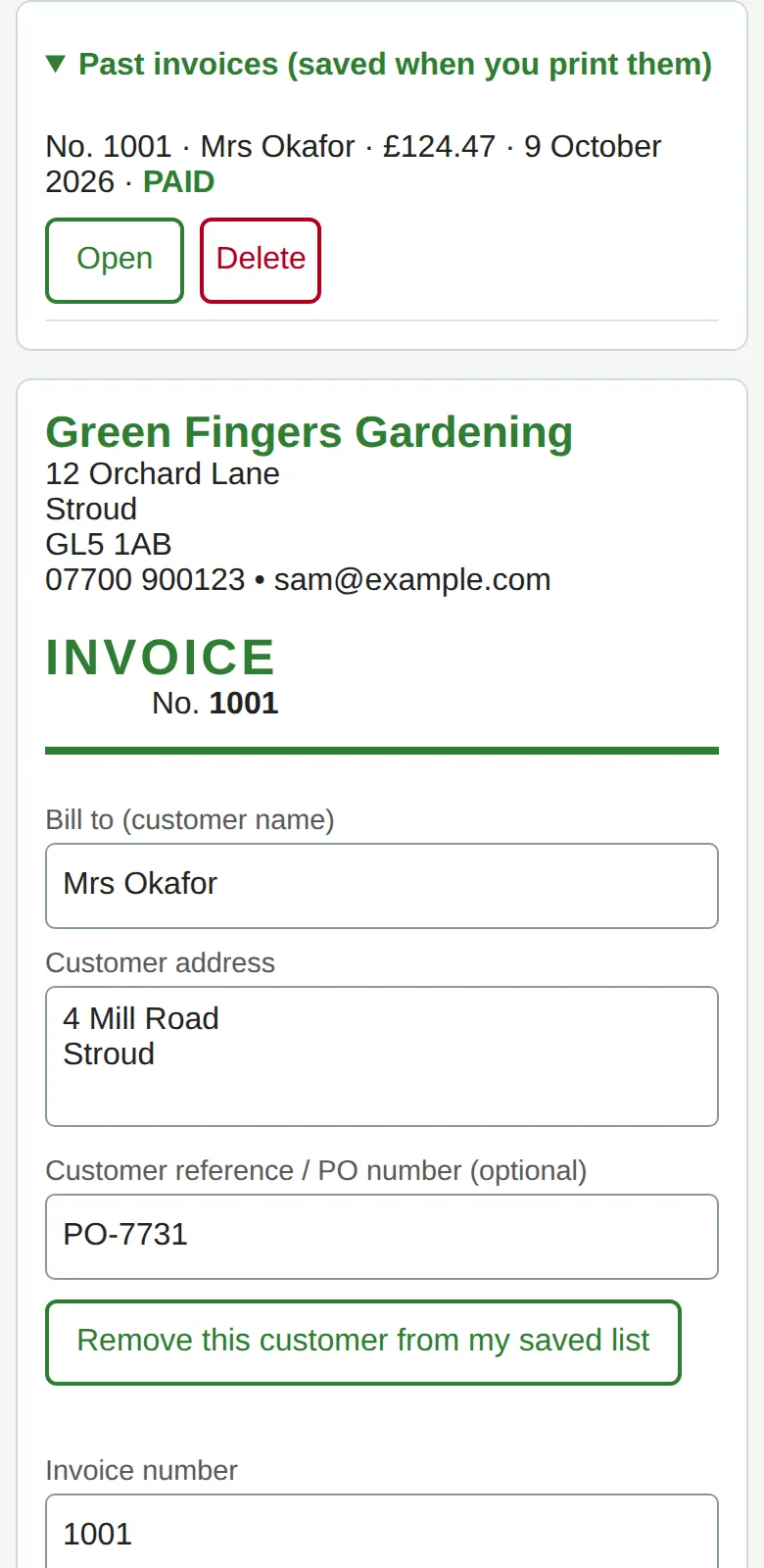 Phone: the 'Past invoices' list showing 'No. 1001, Mrs Okafor, £124.47, 9 October 2026, PAID' with Open and Delete buttons, above the invoice header and the customer boxes.