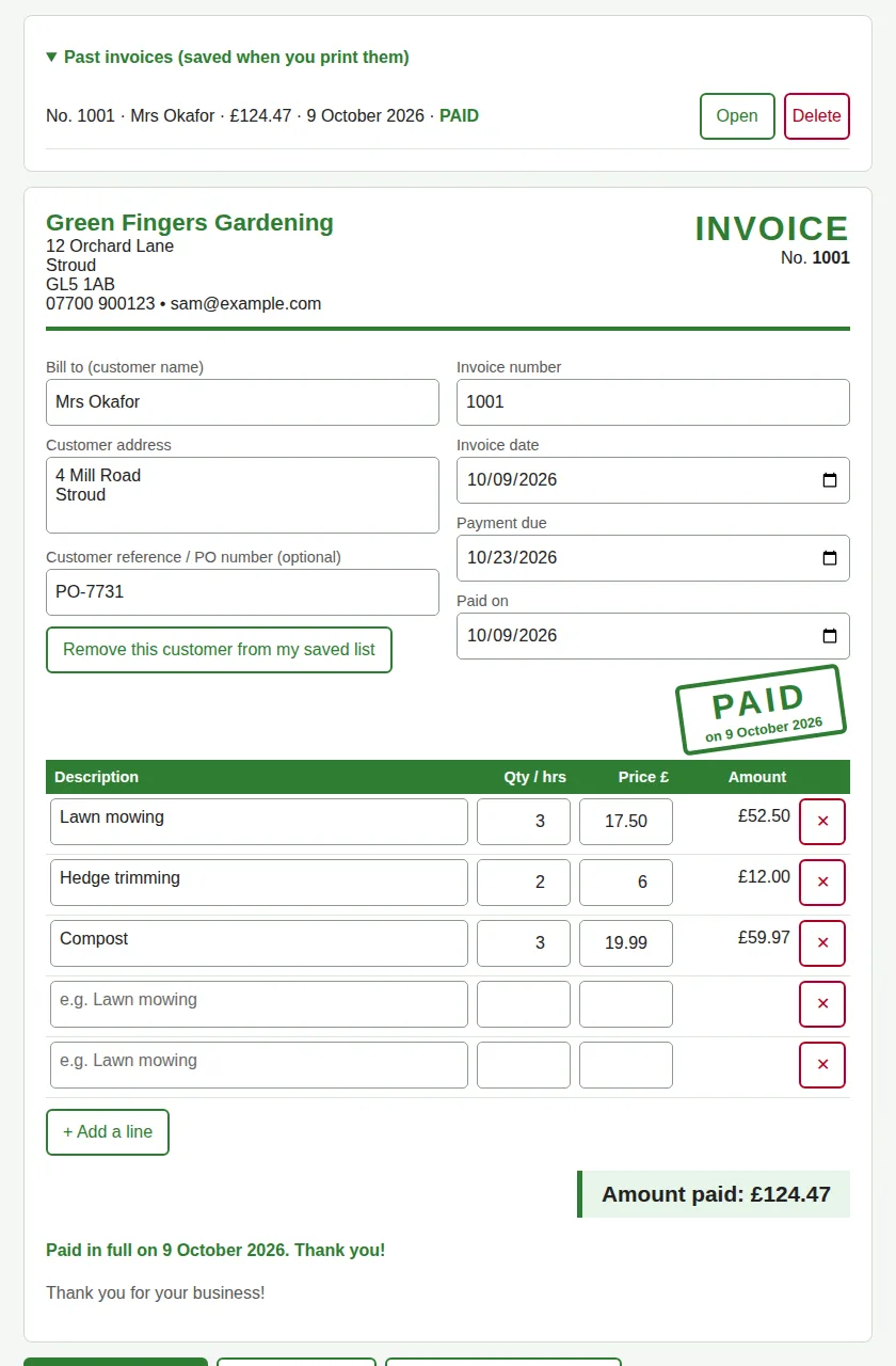 Laptop: the same invoice after 'Mark as paid': a green PAID stamp 'on 9 October 2026', the total now reading 'Amount paid: £124.47', and a line saying 'Paid in full on 9 October 2026. Thank you!'.