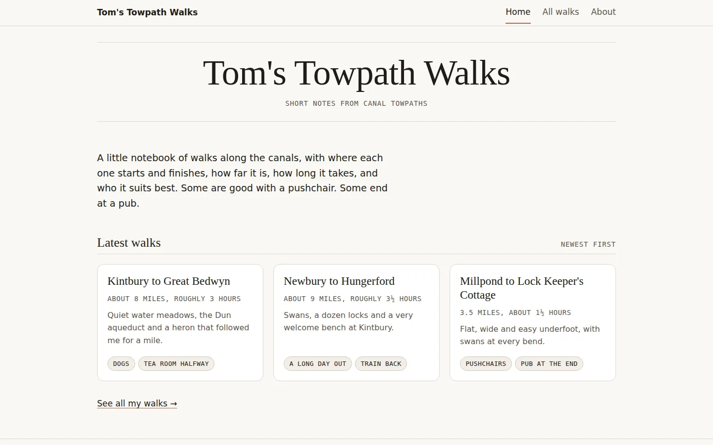Tom's Towpath Walks home page after the merge, with Kintbury to Great Bedwyn as the first of three latest walk cards.