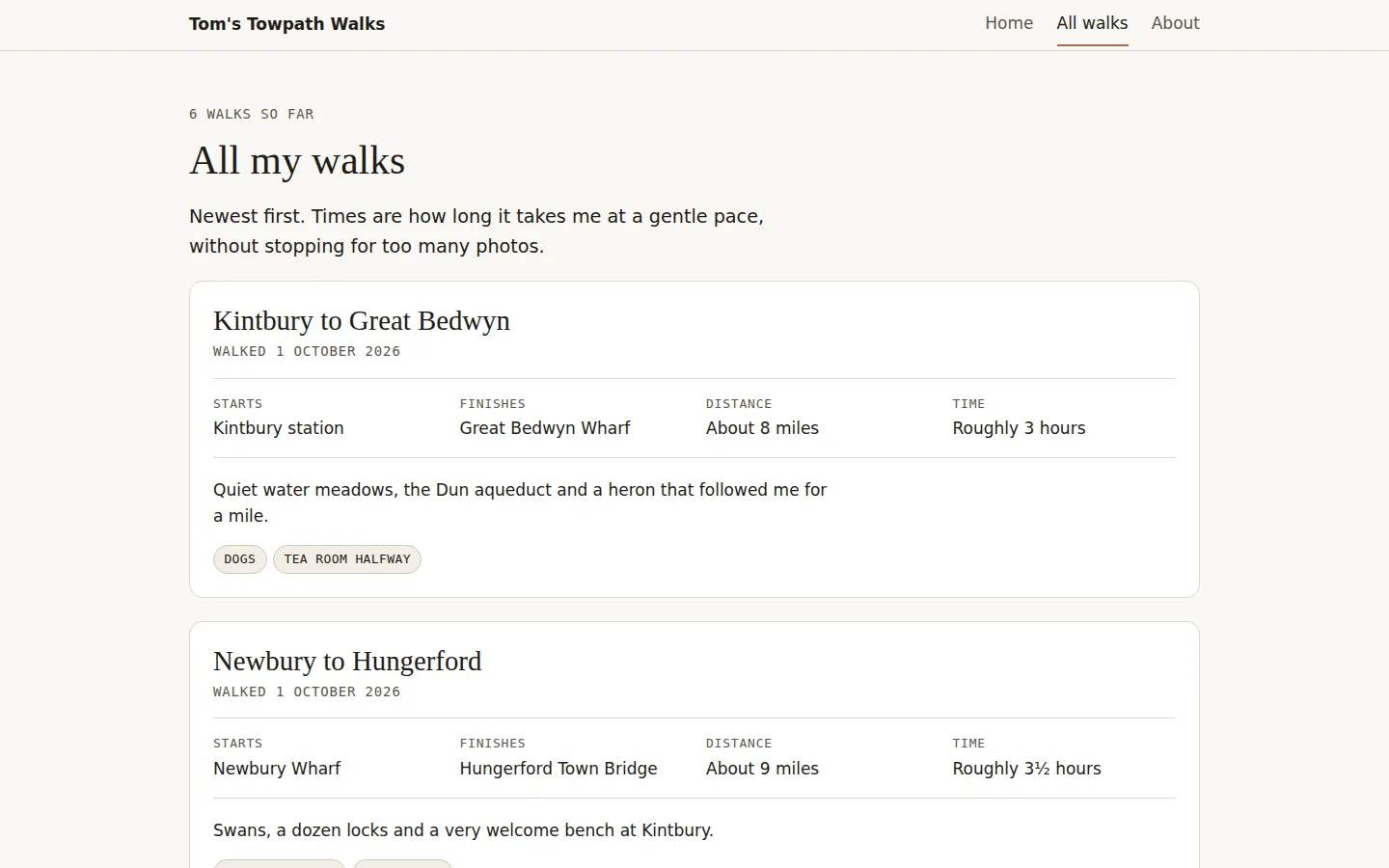 Tom's Towpath Walks, All walks page, after the merge: '6 walks so far', and Kintbury to Great Bedwyn first, starting at Kintbury station and finishing at Great Bedwyn Wharf, about 8 miles, roughly 3 hours, with the heron note and the labels Dogs and Tea room halfway.