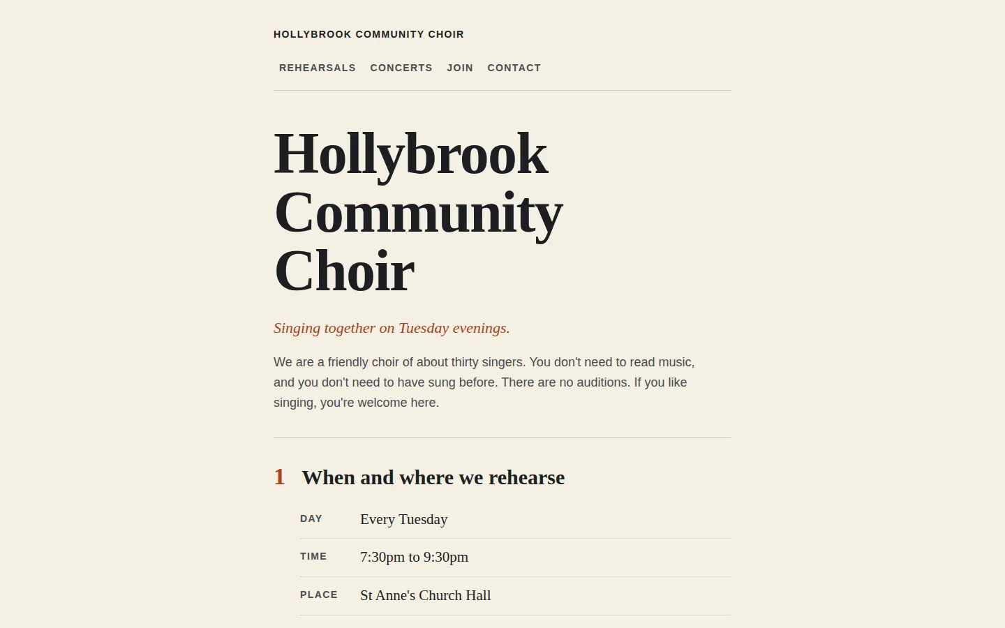Choir page on a laptop: a cream page with small capitals for the choir name and menu, a big serif 'Hollybrook Community Choir' heading over three lines, a rust italic 'Singing together on Tuesday evenings.' and a rust numbered 'When and where we rehearse' section.