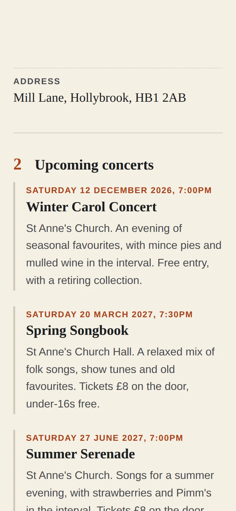 Concerts on a phone: the address in large type, then the three concerts stacked, each with a rust date line above a serif title and a short description.
