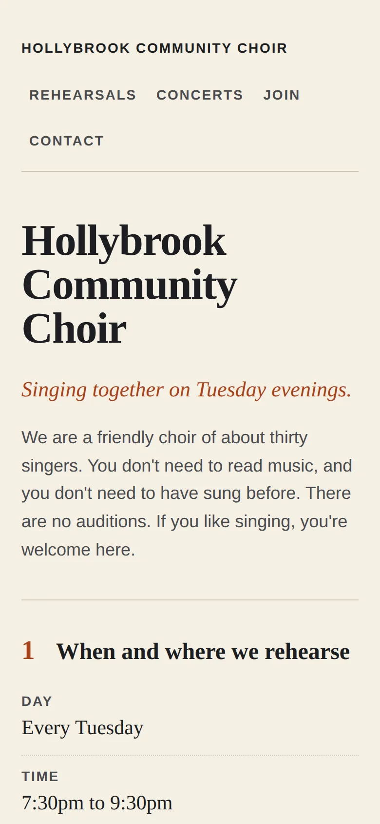 Choir page on a phone: the menu wraps onto two lines of large capitals, the serif heading fills the width over three lines, and nothing spills off the side.